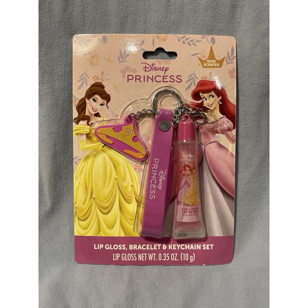 NEW Walt Disney Princess Rose Scented Lip Gloss, Bracelet, & Keychain Set